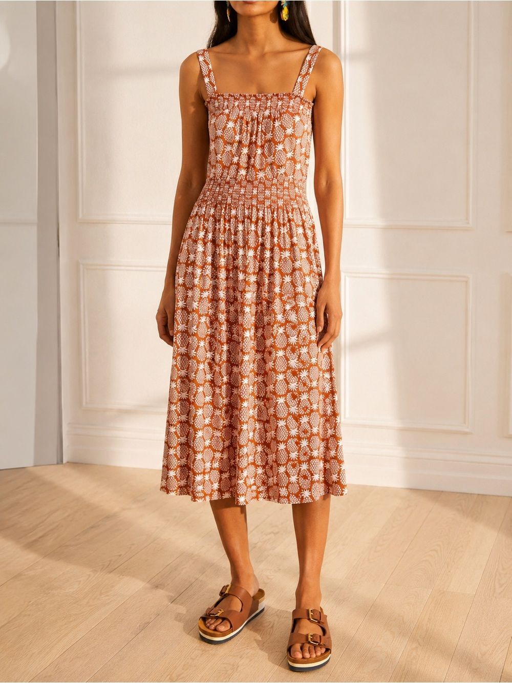 Boden Rosamund Pineapple Print Midi Dress Sz 6 Smocked Rust Brown White Tropical
